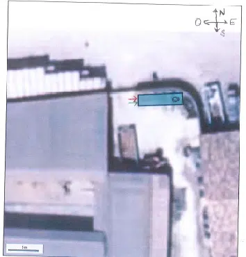 Le schéma permet de visualiser l’orientation Sud, l’emplacement de la cheminée, les arrivées d’effluents et d’électricité. Le matériel ECOBANG fournit sera conçu sur mesure selon ces indications d’installation sur l’aire de lavage des pulvérisateurs.