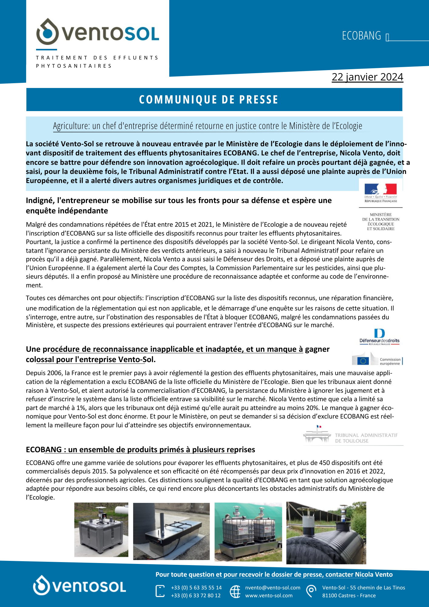 Le communiqué de presse de Vento-sol sur : Agriculture: un chef d'entreprise déterminé retourne en justice contre le Ministère de l’Ecologie