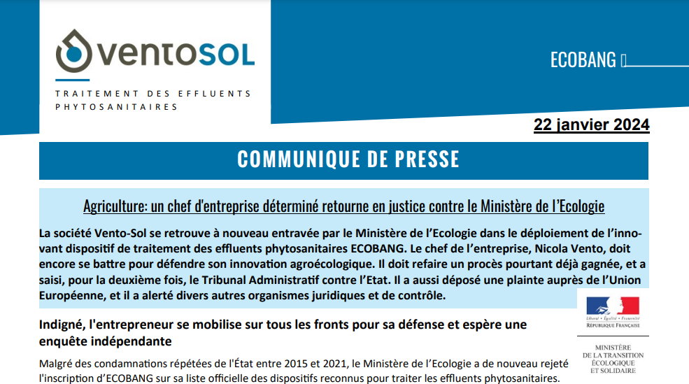 Le communiqué de presse de Vento-sol sur : Agriculture: un chef d'entreprise déterminé retourne en justice contre le Ministère de l’Ecologie