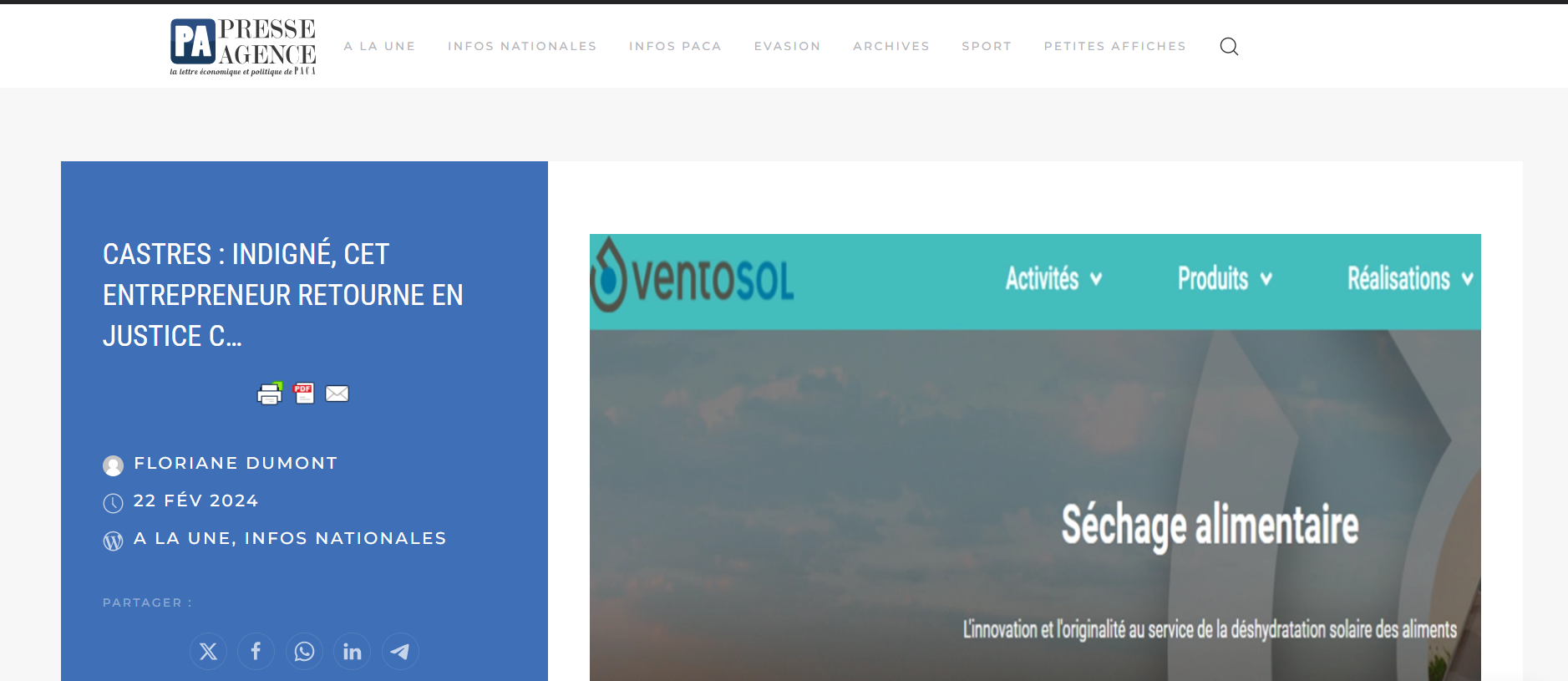 Capture d'écran de l'article sur VentoSol du site PresseAgence